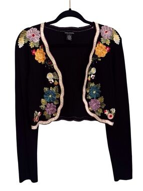 ❌❌Gaby & Eden Medium Black Floral Appliqué Croppped Cardigan Sweater Cottagecore